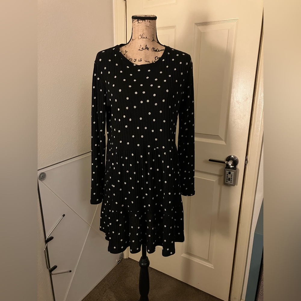 Zara trafaluc polka dot print knit mini dress long sleeved large L 10 12